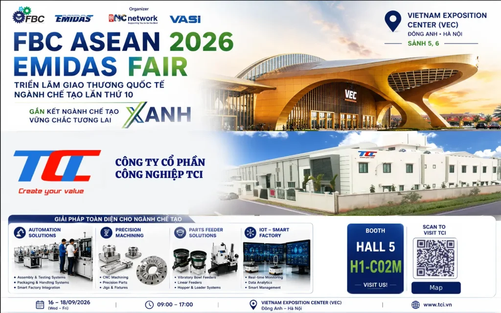 Banner mời tham quan gian hàng TCI tại FBC ASEAN 2026 - EMIDAS Fair, Hall 5 Booth H1-C02M, Vietnam Exposition Center (VEC), giới thiệu các giải pháp Automation, Precision Machining, Part Feeding và Smart Factory.