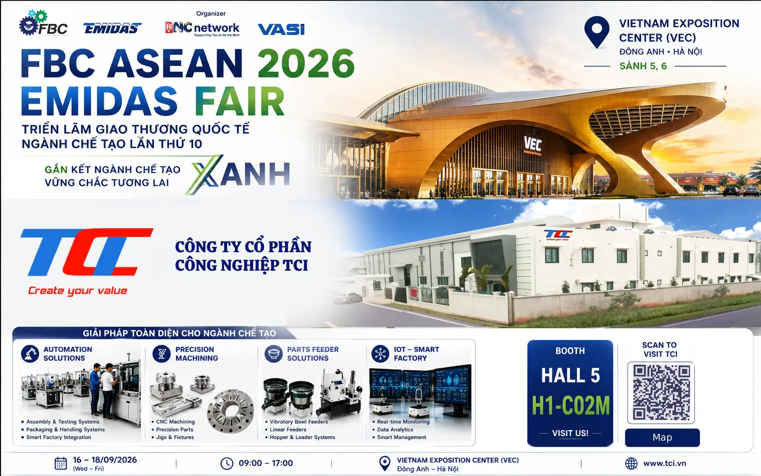 Banner mời tham quan gian hàng TCI tại FBC ASEAN 2026 - EMIDAS Fair, Hall 5 Booth H1-C02M, Vietnam Exposition Center (VEC), giới thiệu các giải pháp Automation, Precision Machining, Part Feeding và Smart Factory.